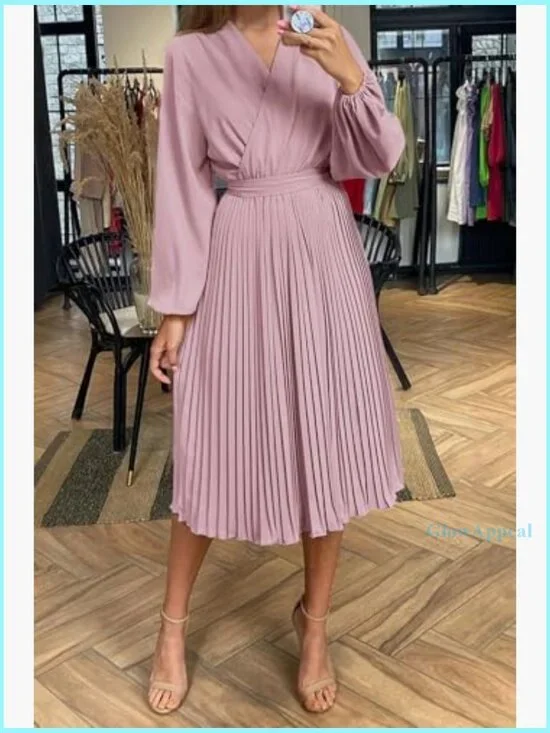 Midi Dress Long Puff Sleeve Wrap V Neck Flowy Ruffle Pleated Casual - Picture 6 of 7